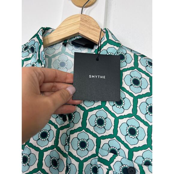 NWT Smythe 3/4 Sleeves Shirred Pocket Blouse Blue Green Floral Size: Small - Picture 4 of 7